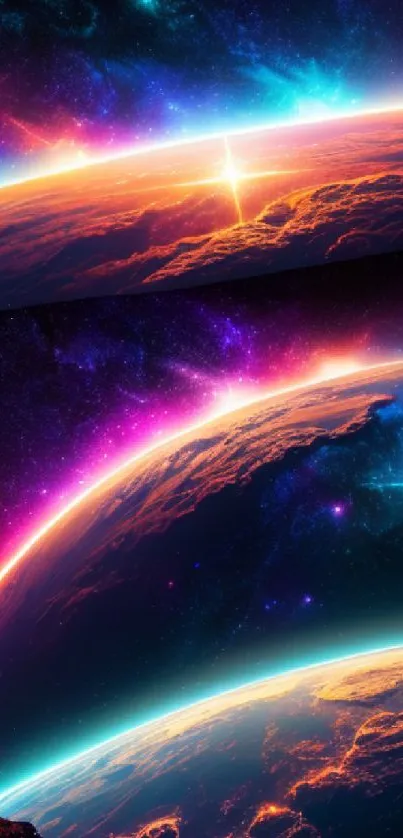 Vibrant galaxy horizon with neon colors and cosmic view for mobile wallpaper.