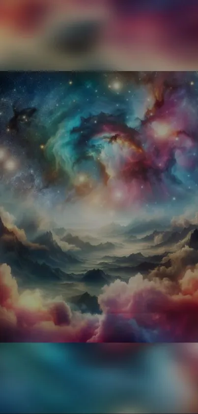 Vibrant galaxy and nebula landscape wallpaper for mobile devices.