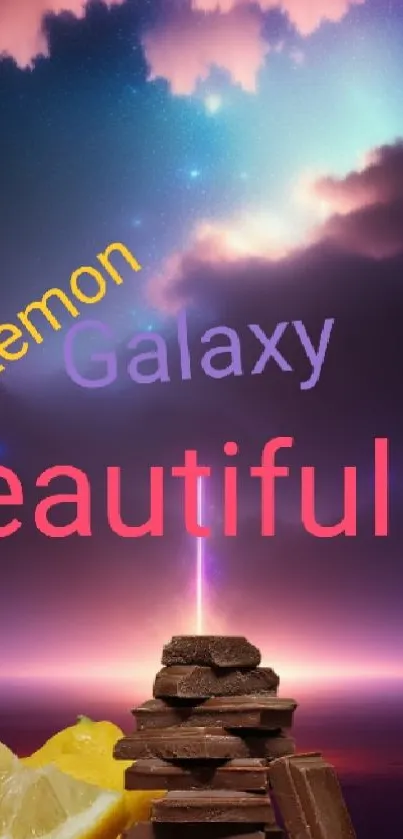 Mobile wallpaper with galaxy, chocolate, and lemon aesthetic.