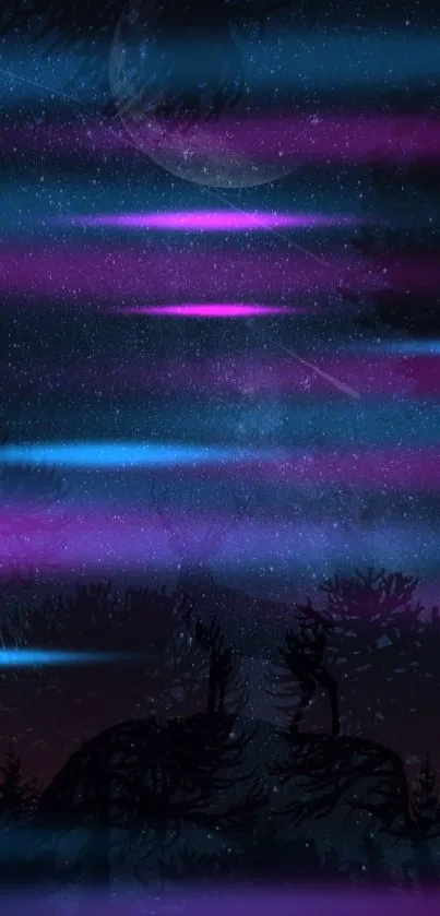 Galaxy wallpaper with purple and blue light streaks.