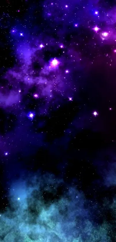 Vibrant galaxy wallpaper with purple hues and scattered stars.