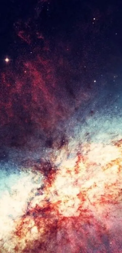 Mobile wallpaper of a vibrant galaxy scene with dark blue and red hues.