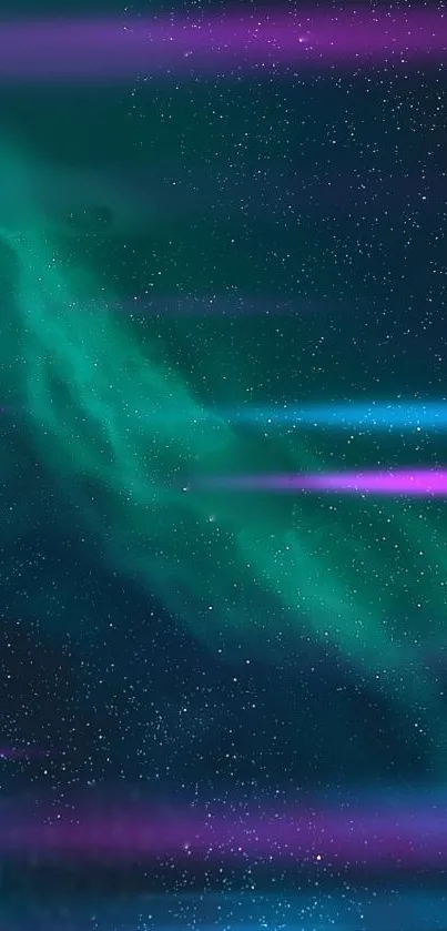 Teal and purple galaxy wallpaper with starry background.