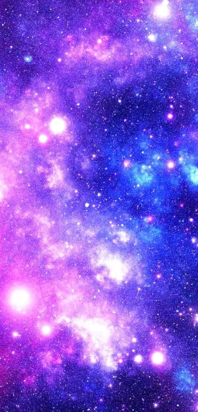 Vibrant purple and blue galaxy wallpaper with stars.