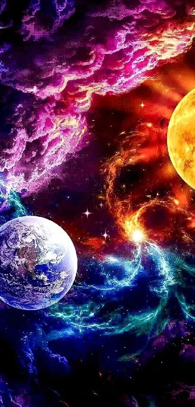 Colorful galaxy wallpaper with planets and nebulae.