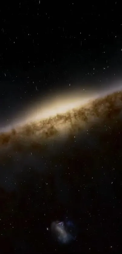 Galaxy viewed in space with stars and luminous band.