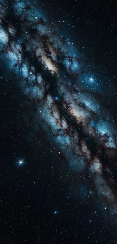 Dark blue galaxy wallpaper with stars and nebulae, perfect for mobile backgrounds.