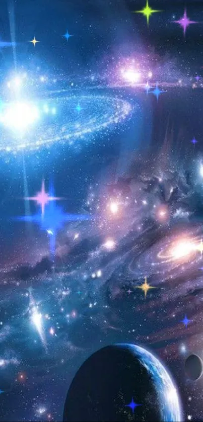 Mesmerizing galaxy wallpaper with stars and planets for mobile devices.