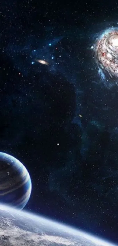 Stunning galaxy mobile wallpaper with planets and stars in a dark, cosmic space scene.
