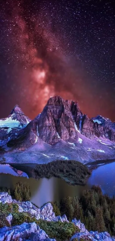 Majestic mountains under a galaxy-filled sky.