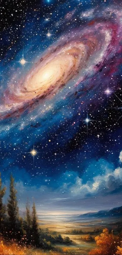 Beautiful galaxy and night sky landscape illustration.
