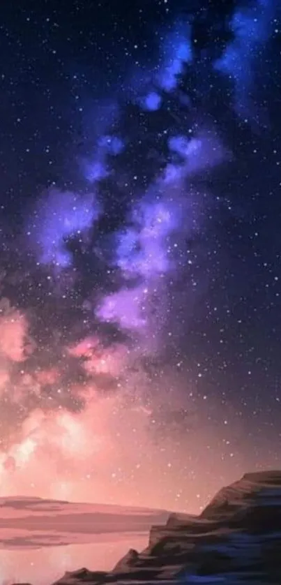 Stunning galaxy night sky wallpaper with purple hues and starry scenic view.