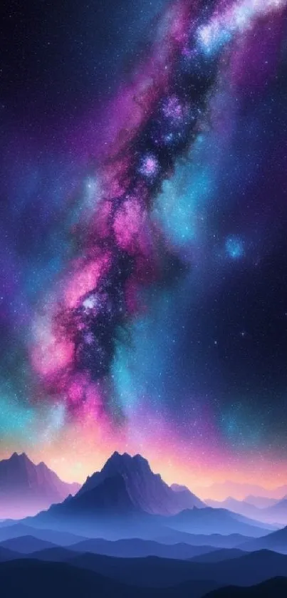 Vibrant galaxy with mountains under a starry sky, perfect for mobile wallpaper.