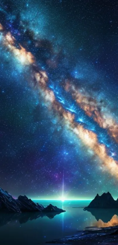 Breathtaking galaxy night sky wallpaper with stars over calm waters.
