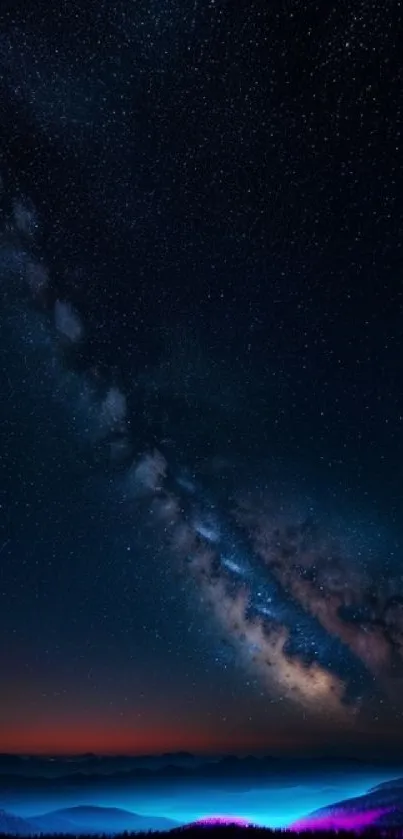 Beautiful galaxy night sky with Milky Way over mountains, a perfect mobile wallpaper.