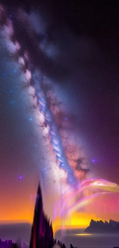 Stunning starry galaxy over vibrant purple mountains.