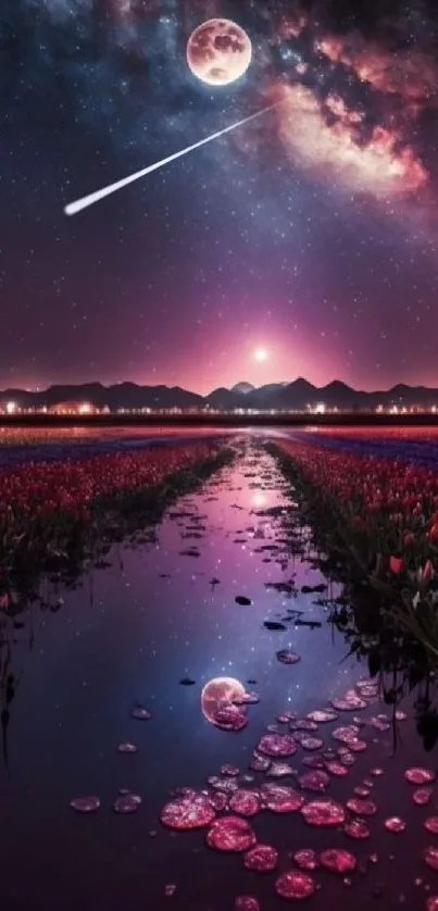 Galaxy night sky with flowers and water reflection.