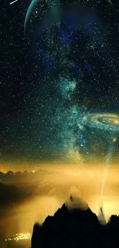 Galaxy nightscape with starry sky and cosmic visuals in a vibrant wallpaper.