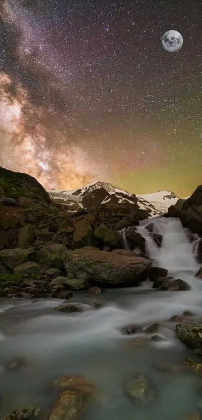 Galaxy night sky with waterfall and moonlit landscape.