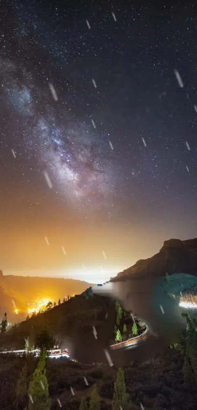 Galaxy nightscape with stars and scenic view of hills.