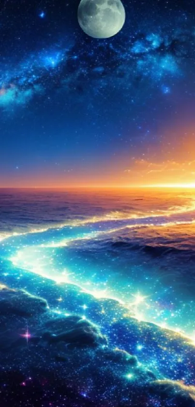 Galaxy themed ocean wallpaper with night sky and sunset.