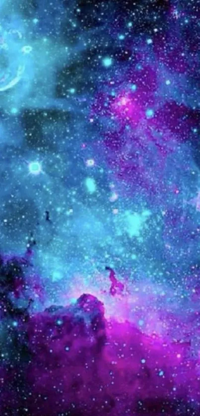 Galaxy wallpaper with purple and blue hues.