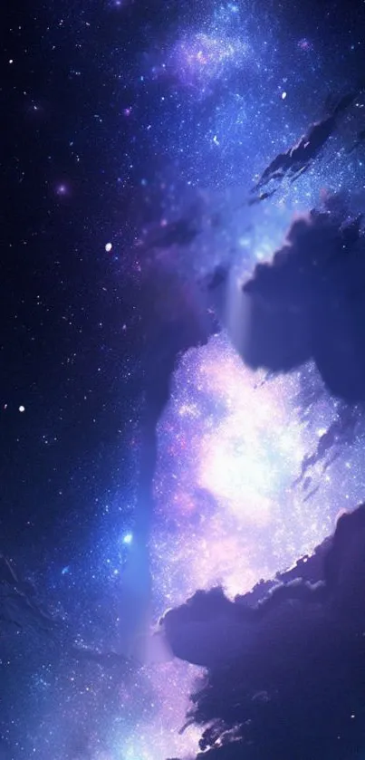 Blue and purple galaxy with stars in a mobile wallpaper.