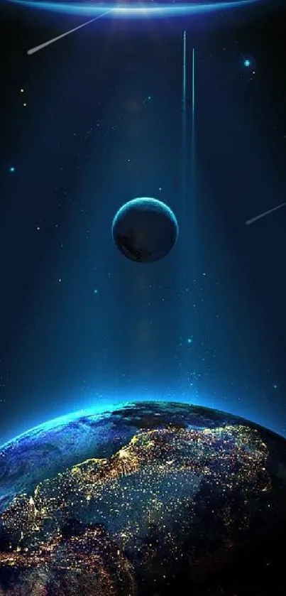 Stunning galaxy wallpaper featuring Earth and celestial bodies in dark blue tones.