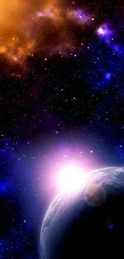 Mobile wallpaper featuring a galaxy and planet with vibrant cosmic colors.