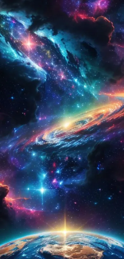 Galaxy-themed wallpaper with stars, nebula, and planet glowing in space.