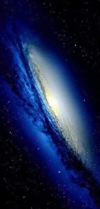 Blue galaxy phone wallpaper with stars and cosmic glow.