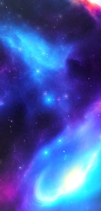 Vibrant galaxy wallpaper with blue and purple cosmic elements.