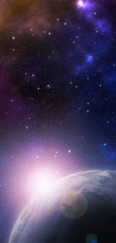 Cosmic galaxy wallpaper with planet and stars, perfect for a phone background.