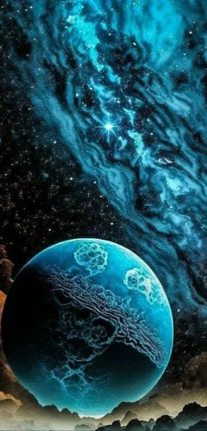 Vibrant galaxy with a blue planet and starry sky.