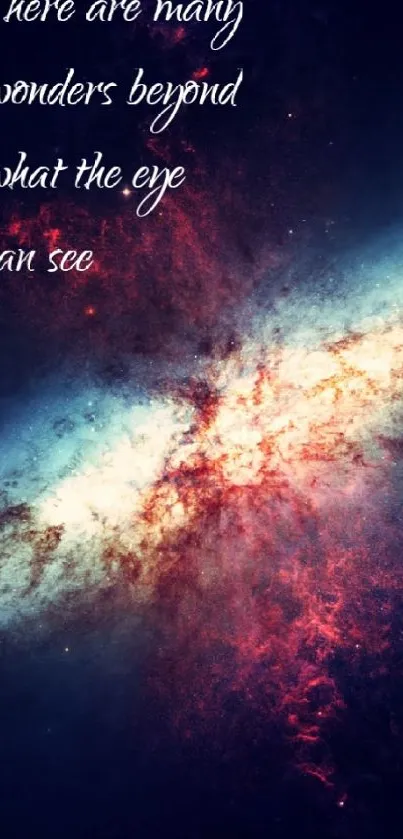 Galaxy wallpaper with a cosmic quote in vibrant colors.