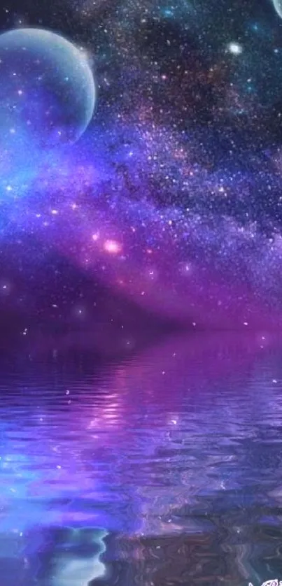 Galaxy and reflection with purple hues on mobile wallpaper.