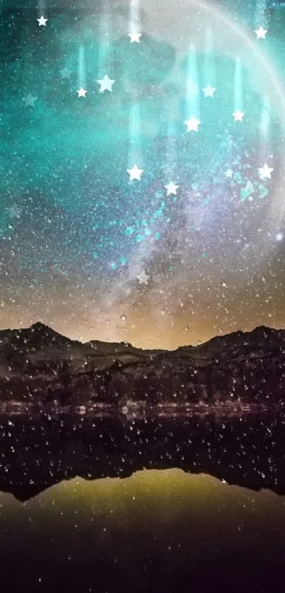 Galaxy reflecting over serene water with stars.