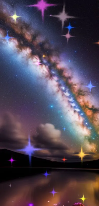 Beautiful galaxy reflecting on a tranquil lake at night with vivid colors.