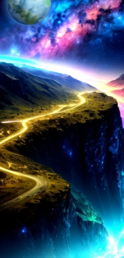 Mobile wallpaper depicting a surreal galaxy road in vivid cosmic colors.