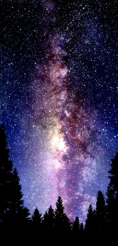 Galaxy night sky with starry view and tree silhouettes.