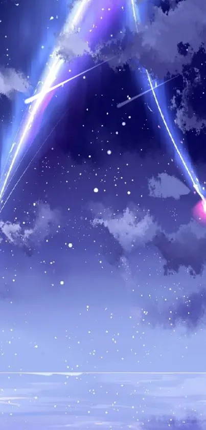 Galaxy-inspired mobile wallpaper with shooting stars and deep blue night sky.