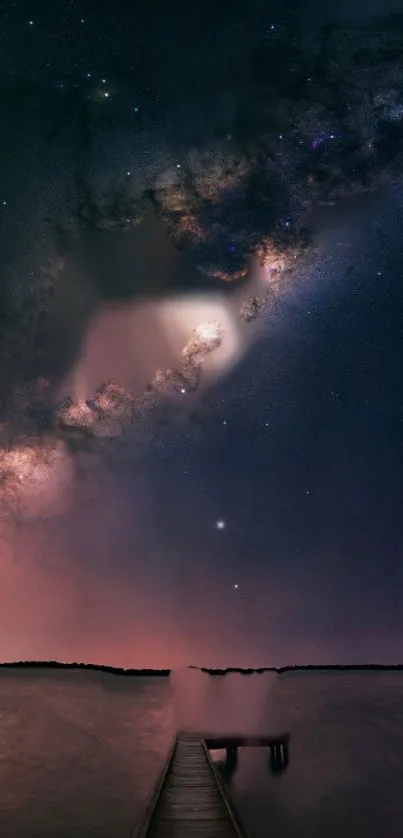 Galaxy night sky over a tranquil dock landscape.