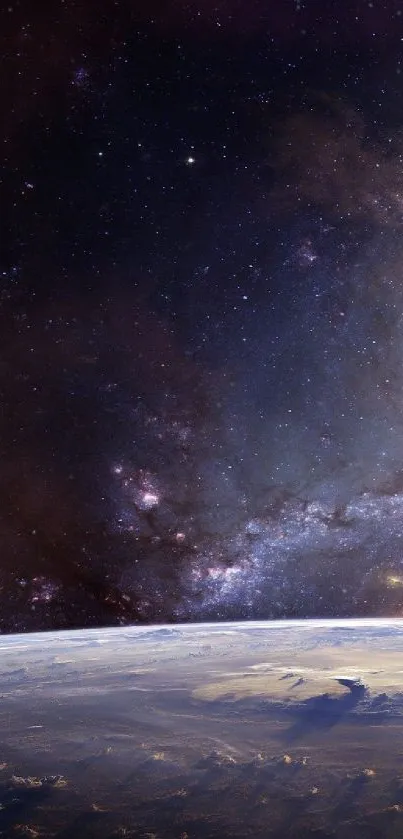 Vivid space wallpaper featuring the galaxy and Earth's horizon with a starry night sky.