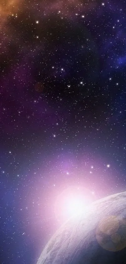 Stunning galaxy wallpaper with a vibrant cosmic scene and distant planet view.