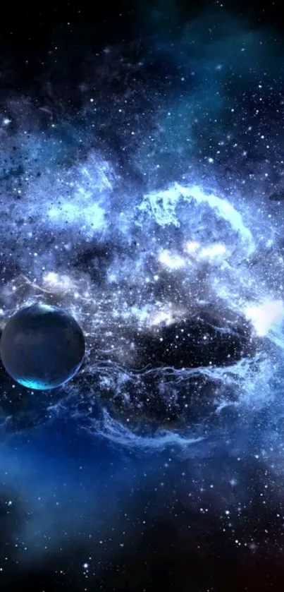 Blue galaxy wallpaper with stars and a planet, creating a cosmic space scene.