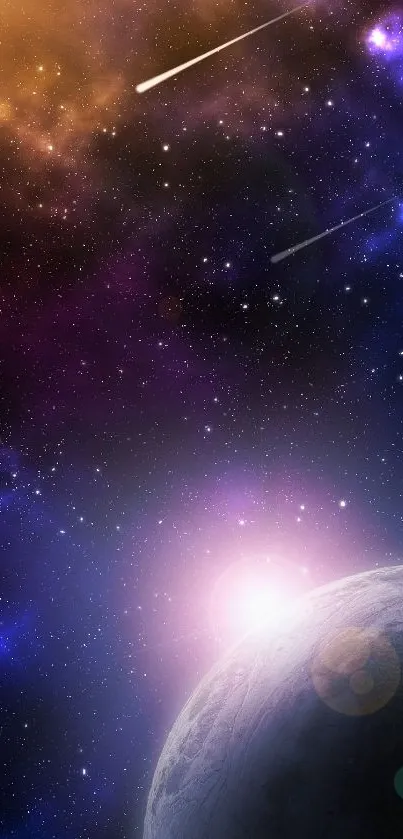 Purple galaxy wallpaper with stars and planets.