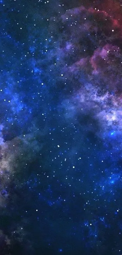 Dark blue galaxy wallpaper with stars and cosmic clouds.