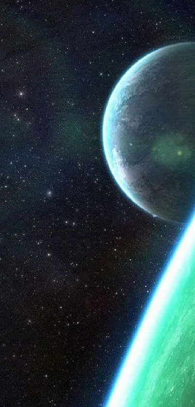 Mobile wallpaper with space scene featuring planets and stars in a dark green galaxy