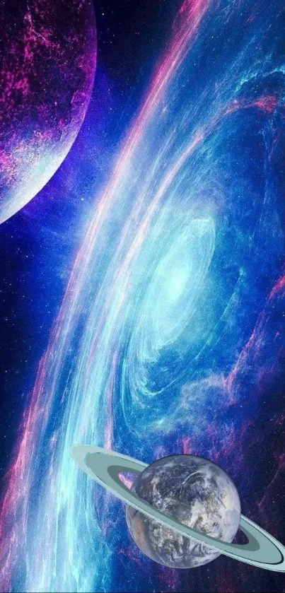 Vibrant galaxy vortex with glowing planets in space.