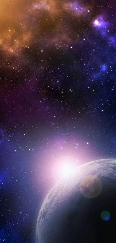 Vibrant galaxy wallpaper with a planet and stars.